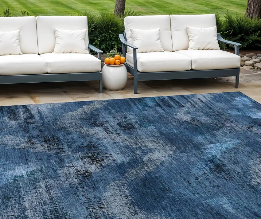 Navy Blue And Sky Blue Abstract Washable Indoor Outdoor Area Rug Photo 1