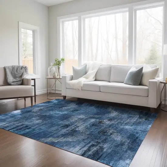 Navy Blue And Sky Blue Abstract Washable Indoor Outdoor Area Rug Photo 9