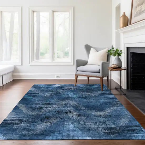 Navy Blue And Sky Blue Abstract Washable Indoor Outdoor Area Rug Photo 9