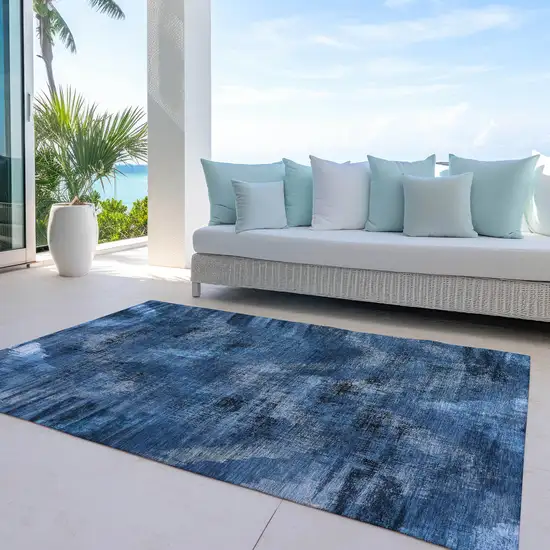 Navy Blue And Sky Blue Abstract Washable Indoor Outdoor Area Rug Photo 7