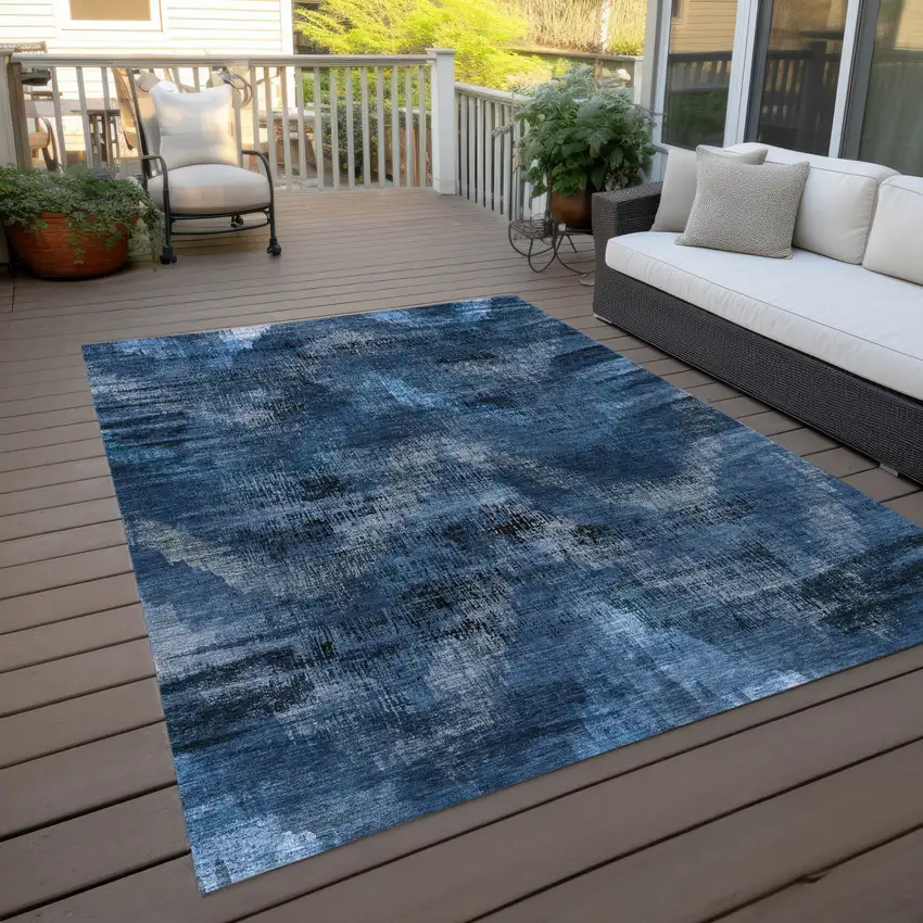 Navy Blue And Sky Blue Abstract Washable Indoor Outdoor Area Rug Photo 9