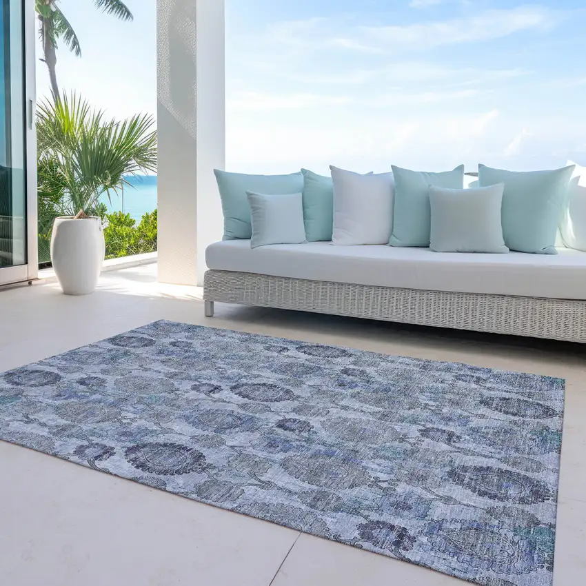 Navy Blue And Sky Blue Damask Washable Indoor Outdoor Area Rug Photo 7