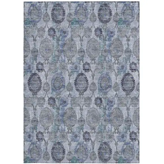 Navy Blue And Sky Blue Damask Washable Indoor Outdoor Area Rug Photo 6