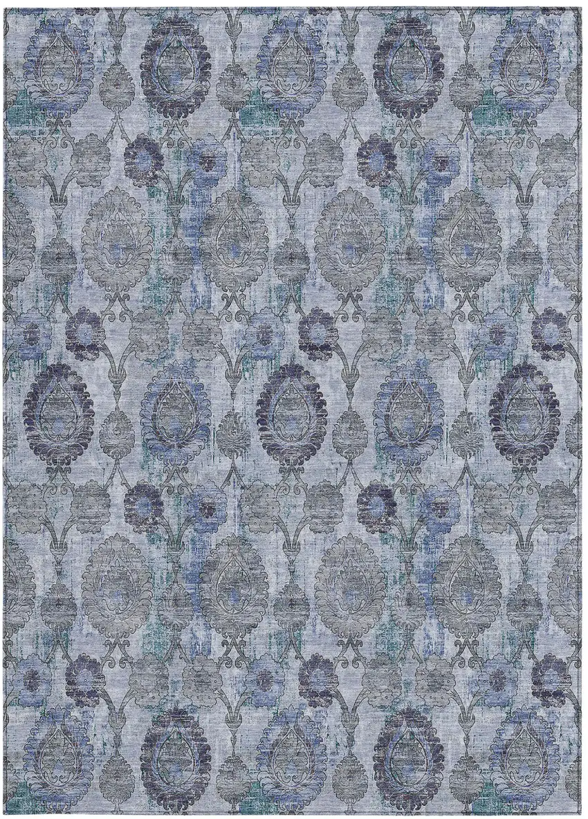 Navy Blue And Sky Blue Damask Washable Indoor Outdoor Area Rug Photo 6