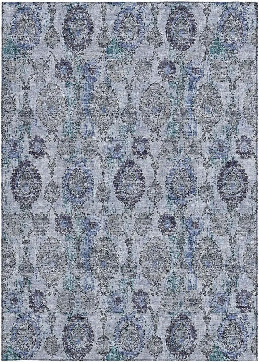 Navy Blue And Sky Blue Damask Washable Indoor Outdoor Area Rug Photo 6