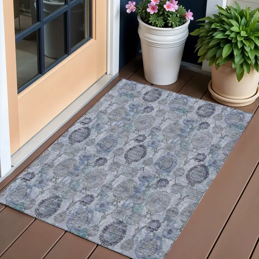 Navy Blue And Sky Blue Damask Washable Indoor Outdoor Area Rug Photo 1