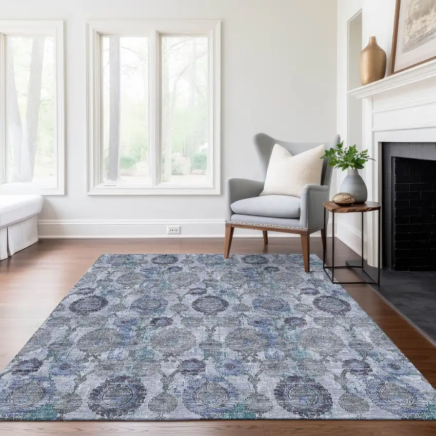 Navy Blue And Sky Blue Damask Washable Indoor Outdoor Area Rug Photo 8