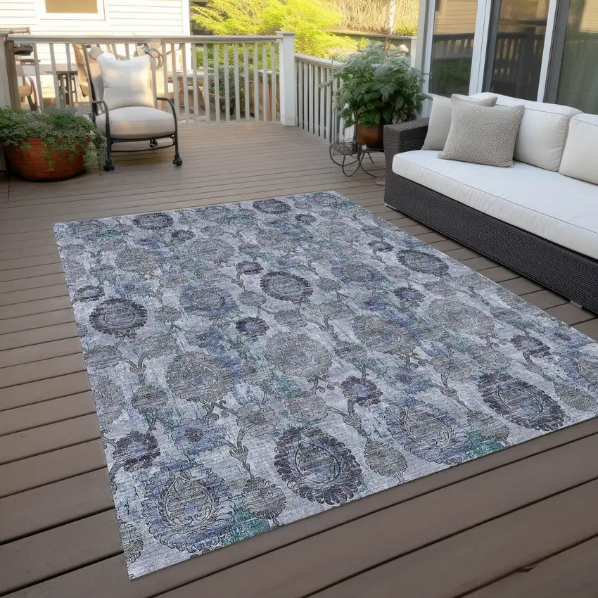 Navy Blue And Sky Blue Damask Washable Indoor Outdoor Area Rug Photo 9