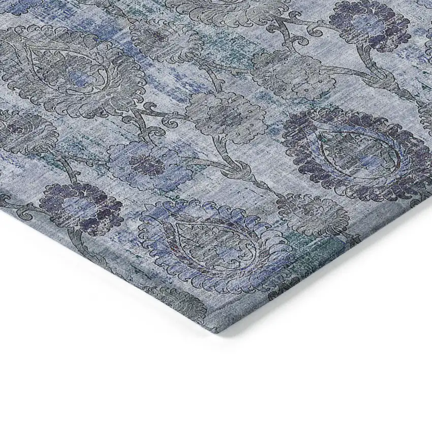 Navy Blue And Sky Blue Damask Washable Indoor Outdoor Area Rug Photo 5
