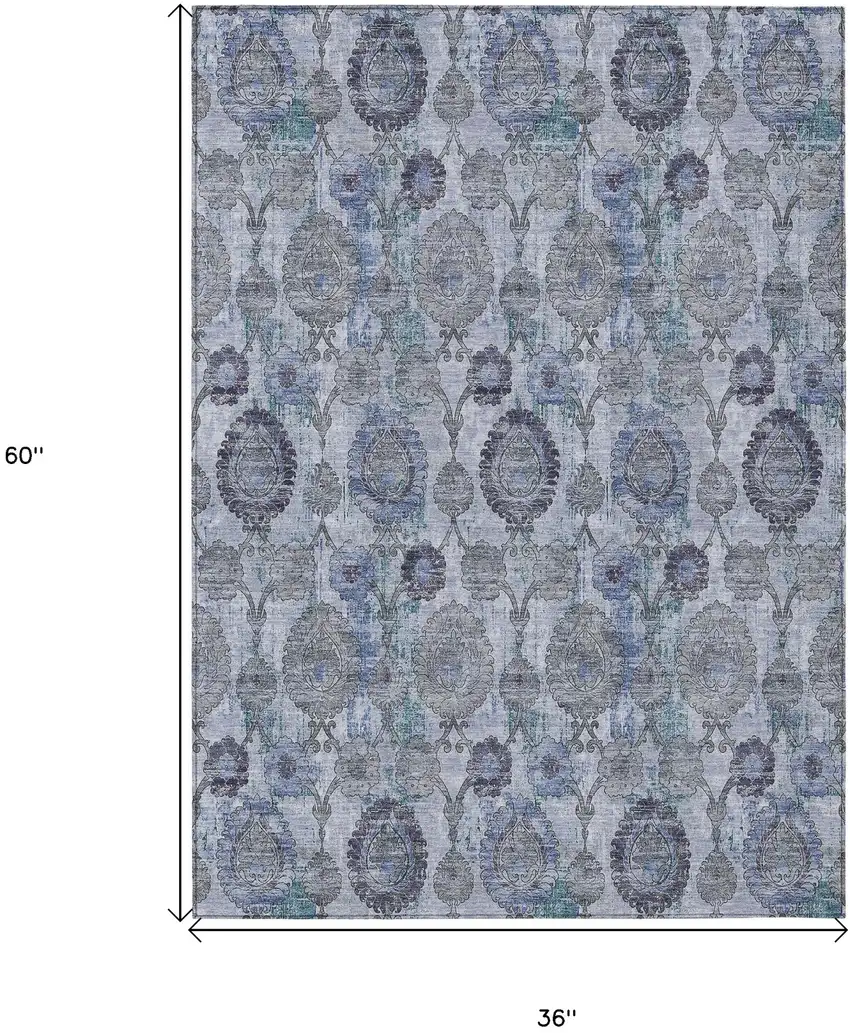 Navy Blue And Sky Blue Damask Washable Indoor Outdoor Area Rug Photo 3