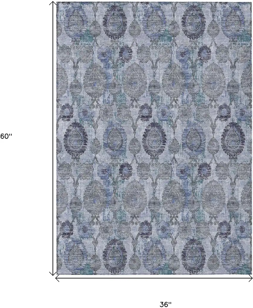 Navy Blue And Sky Blue Damask Washable Indoor Outdoor Area Rug Photo 3