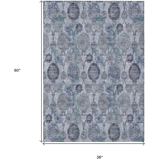Navy Blue And Sky Blue Damask Washable Indoor Outdoor Area Rug Photo 3