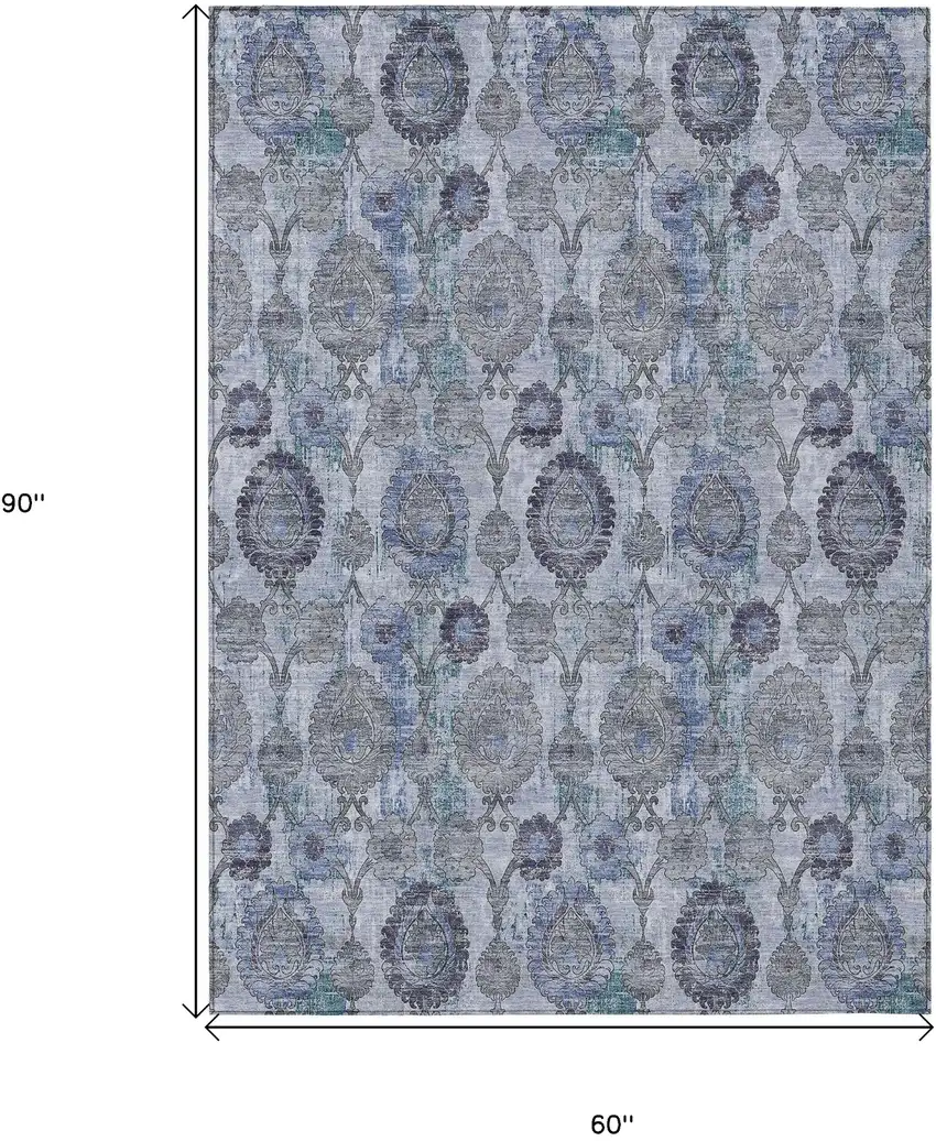 Navy Blue And Sky Blue Damask Washable Indoor Outdoor Area Rug Photo 3