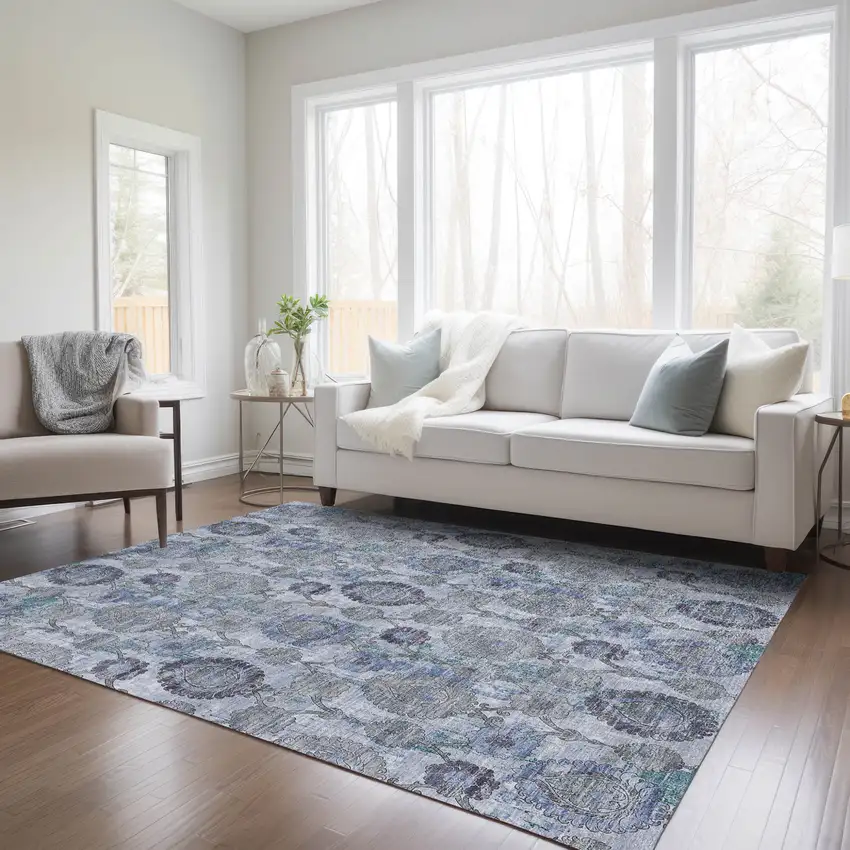 Navy Blue And Sky Blue Damask Washable Indoor Outdoor Area Rug Photo 9