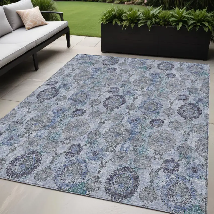 Navy Blue And Sky Blue Damask Washable Indoor Outdoor Area Rug Photo 1