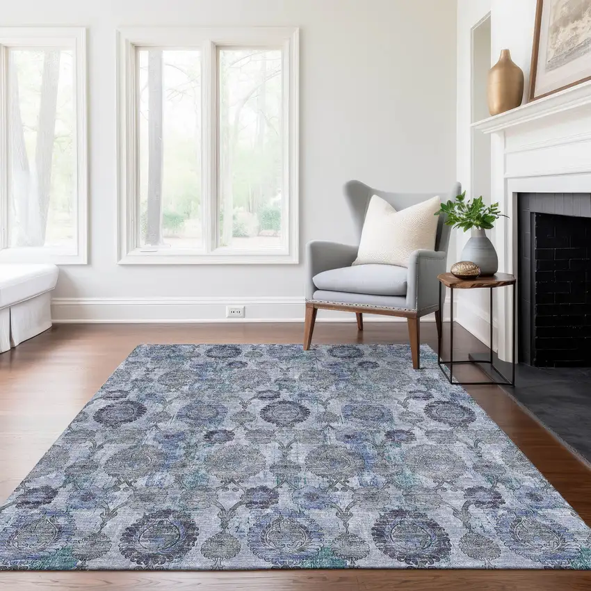Navy Blue And Sky Blue Damask Washable Indoor Outdoor Area Rug Photo 9