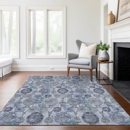 Navy Blue And Sky Blue Damask Washable Indoor Outdoor Area Rug Photo 9