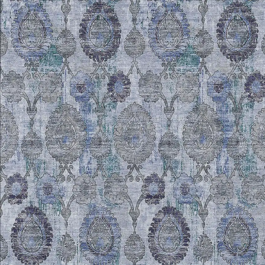 Navy Blue And Sky Blue Damask Washable Indoor Outdoor Area Rug Photo 6
