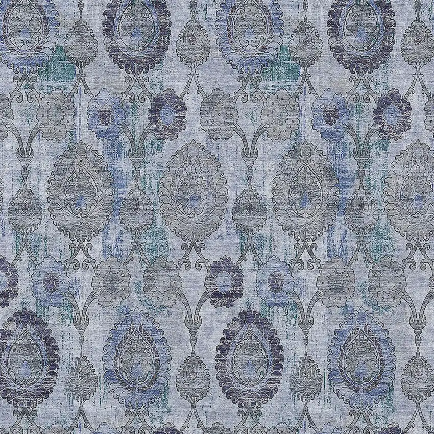Navy Blue And Sky Blue Damask Washable Indoor Outdoor Area Rug Photo 6