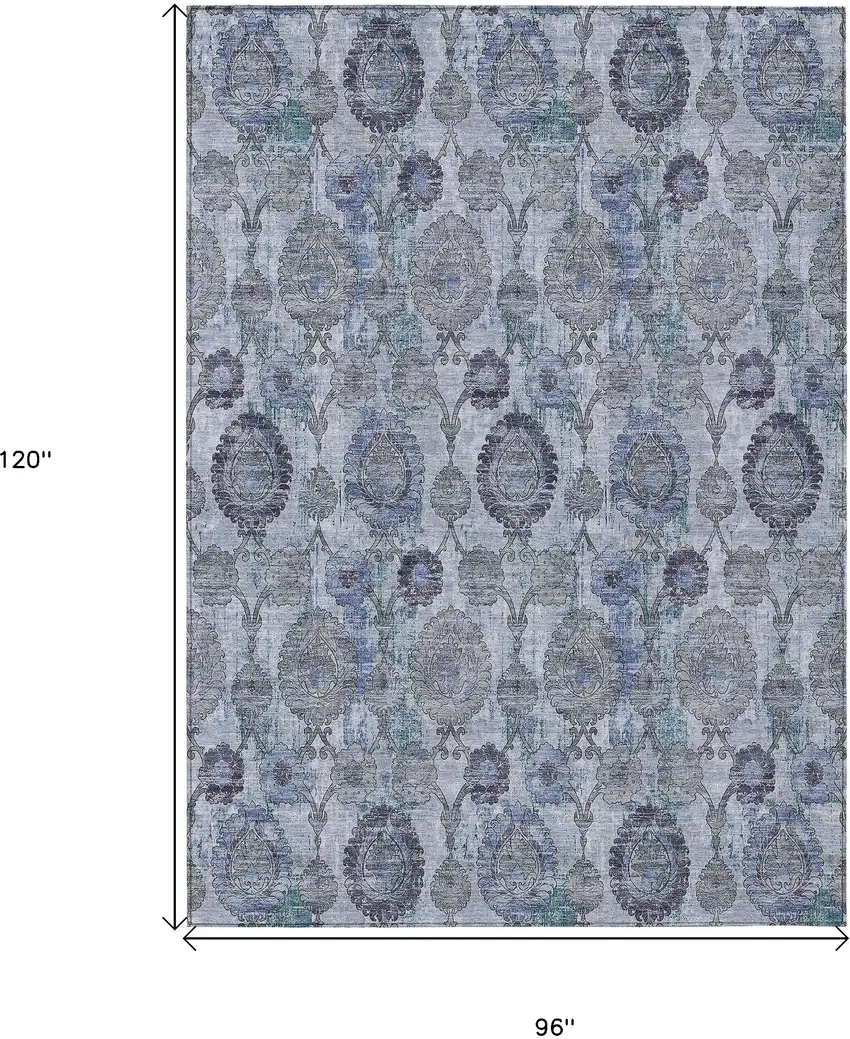 Navy Blue And Sky Blue Damask Washable Indoor Outdoor Area Rug Photo 3