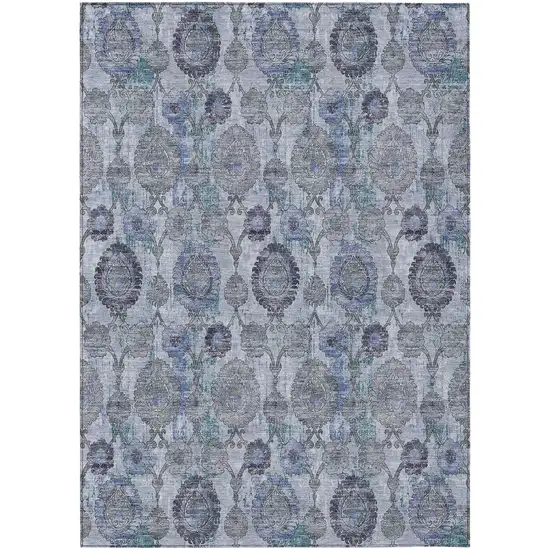 Navy Blue And Sky Blue Damask Washable Indoor Outdoor Area Rug Photo 2