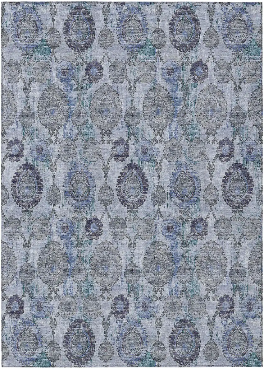Navy Blue And Sky Blue Damask Washable Indoor Outdoor Area Rug Photo 2