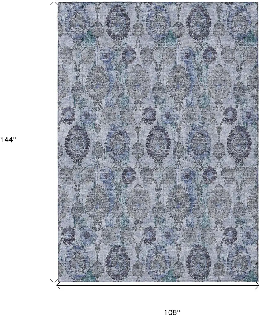 Navy Blue And Sky Blue Damask Washable Indoor Outdoor Area Rug Photo 3