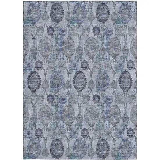 Navy Blue And Sky Blue Damask Washable Indoor Outdoor Area Rug Photo 7