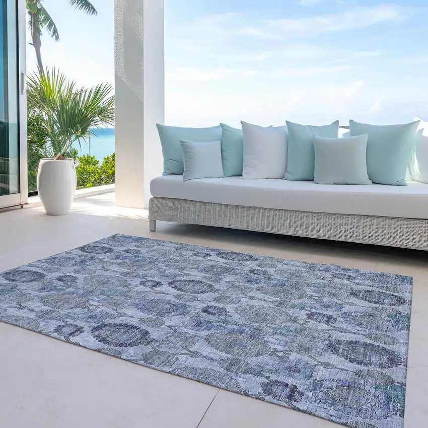Navy Blue And Sky Blue Damask Washable Indoor Outdoor Area Rug Photo 8
