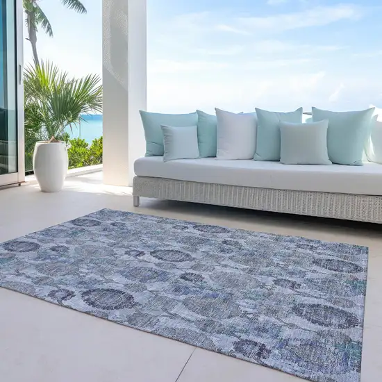 Navy Blue And Sky Blue Damask Washable Indoor Outdoor Area Rug Photo 8