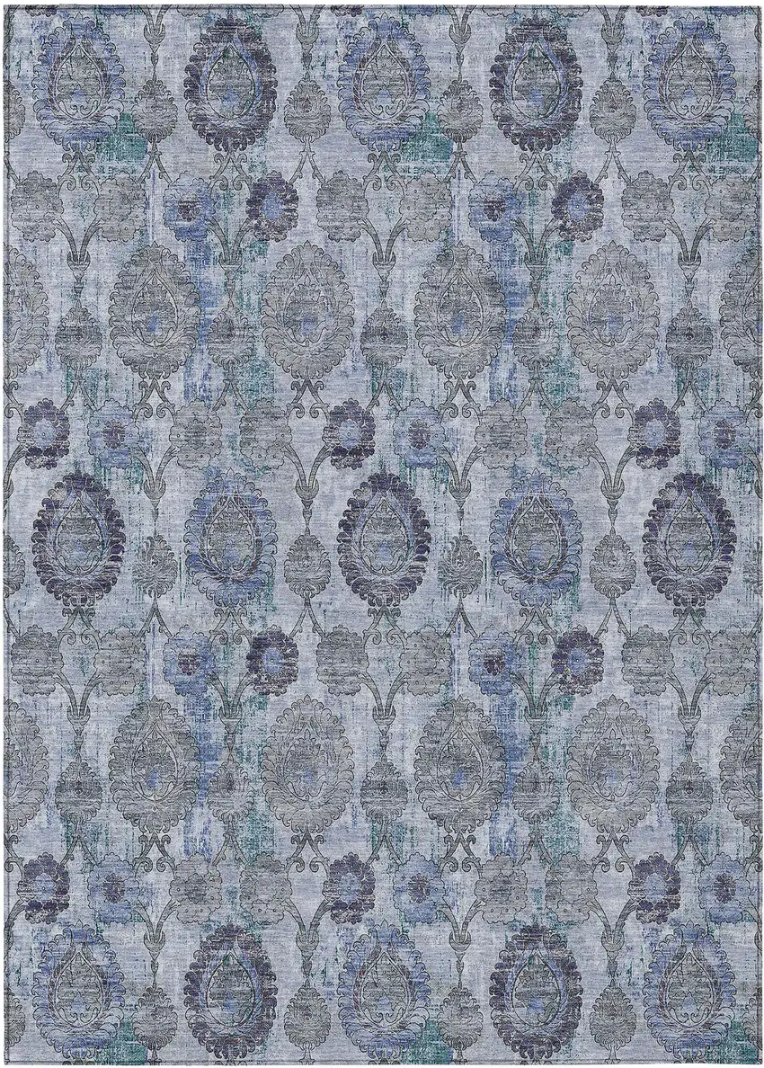 Navy Blue And Sky Blue Damask Washable Indoor Outdoor Area Rug Photo 2