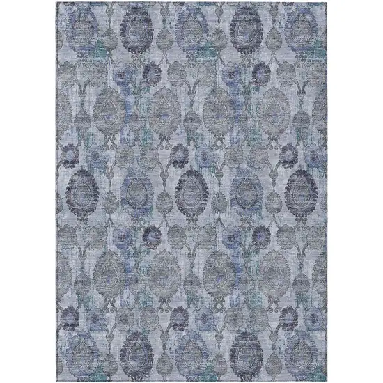 Navy Blue And Sky Blue Damask Washable Indoor Outdoor Area Rug Photo 2
