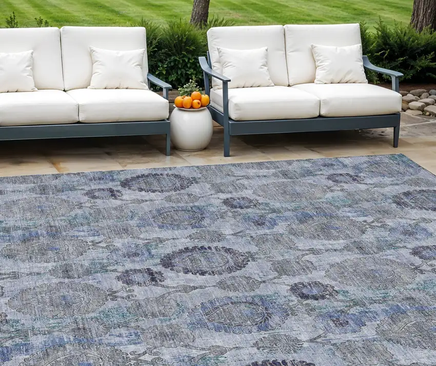 Navy Blue And Sky Blue Damask Washable Indoor Outdoor Area Rug Photo 1