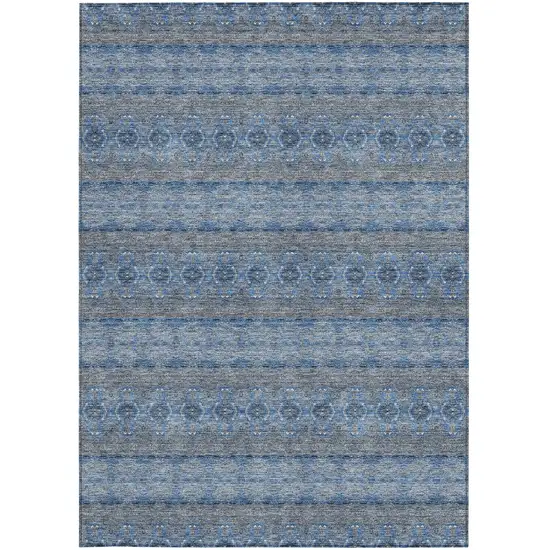 Navy Blue And Sky Blue Floral Medallion Washable Indoor Outdoor Area Rug Photo 5