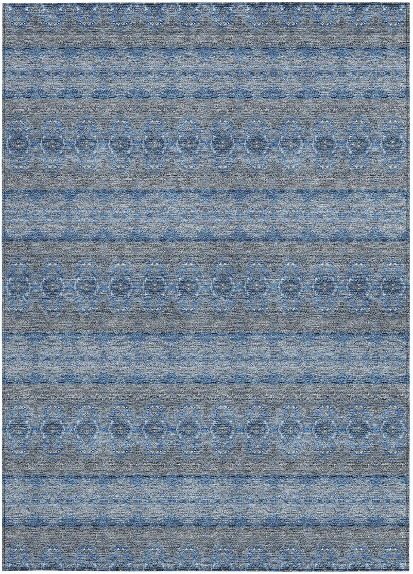 Navy Blue And Sky Blue Floral Medallion Washable Indoor Outdoor Area Rug Photo 5