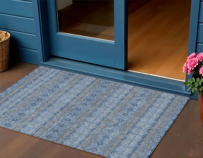 Navy Blue And Sky Blue Floral Medallion Washable Indoor Outdoor Area Rug Photo 1