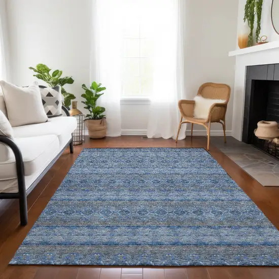 Navy Blue And Sky Blue Floral Medallion Washable Indoor Outdoor Area Rug Photo 8