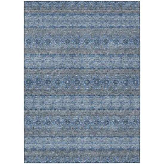 Navy Blue And Sky Blue Floral Medallion Washable Indoor Outdoor Area Rug Photo 2