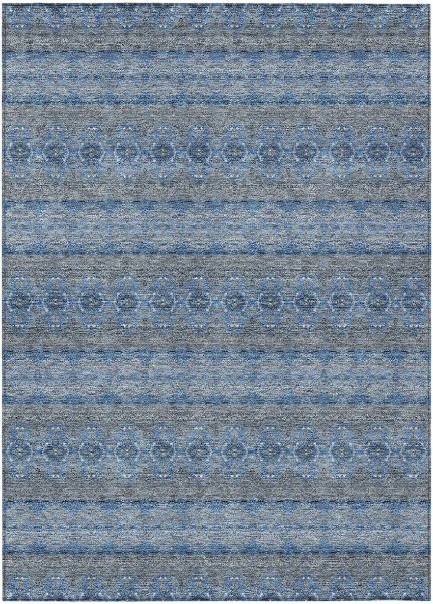 Navy Blue And Sky Blue Floral Medallion Washable Indoor Outdoor Area Rug Photo 2