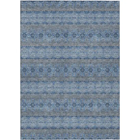 Navy Blue And Sky Blue Floral Medallion Washable Indoor Outdoor Area Rug Photo 2
