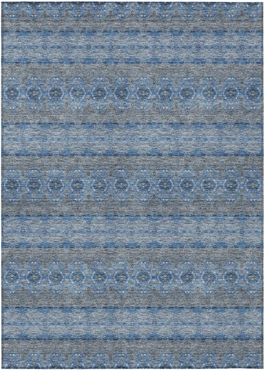 Navy Blue And Sky Blue Floral Medallion Washable Indoor Outdoor Area Rug Photo 2