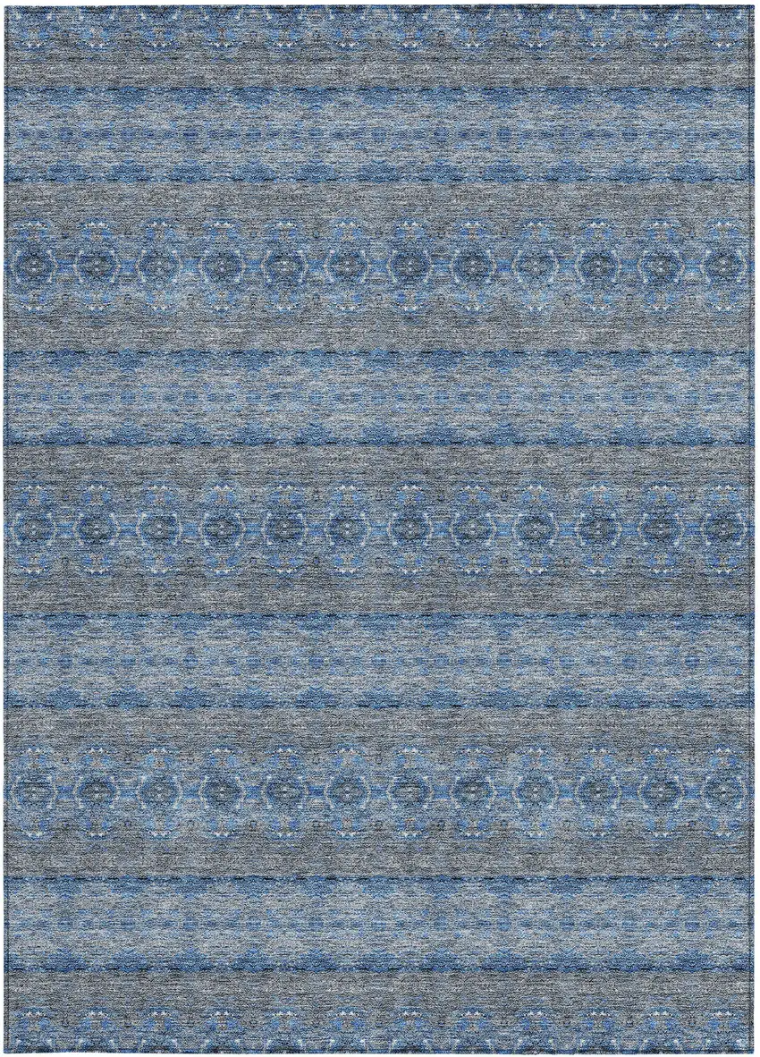 Navy Blue And Sky Blue Floral Medallion Washable Indoor Outdoor Area Rug Photo 5