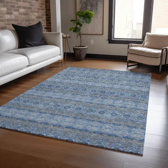 Navy Blue And Sky Blue Floral Medallion Washable Indoor Outdoor Area Rug Photo 7