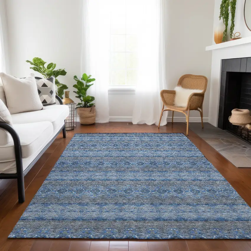 Navy Blue And Sky Blue Floral Medallion Washable Indoor Outdoor Area Rug Photo 8