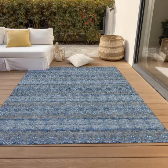 Navy Blue And Sky Blue Floral Medallion Washable Indoor Outdoor Area Rug Photo 9