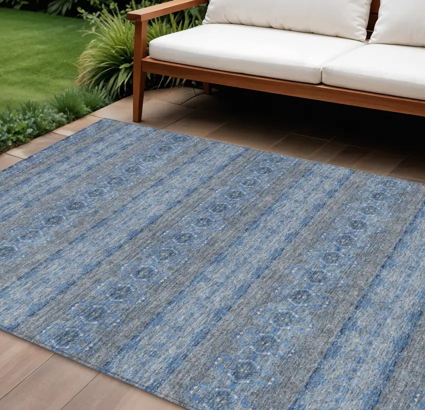 Navy Blue And Sky Blue Floral Medallion Washable Indoor Outdoor Area Rug Photo 1