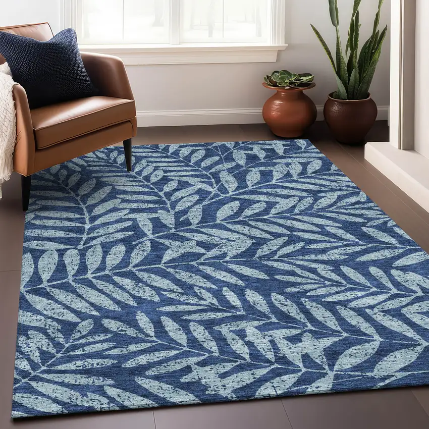 Navy Blue And Sky Blue Floral Washable Area Rug With UV Protection Photo 5