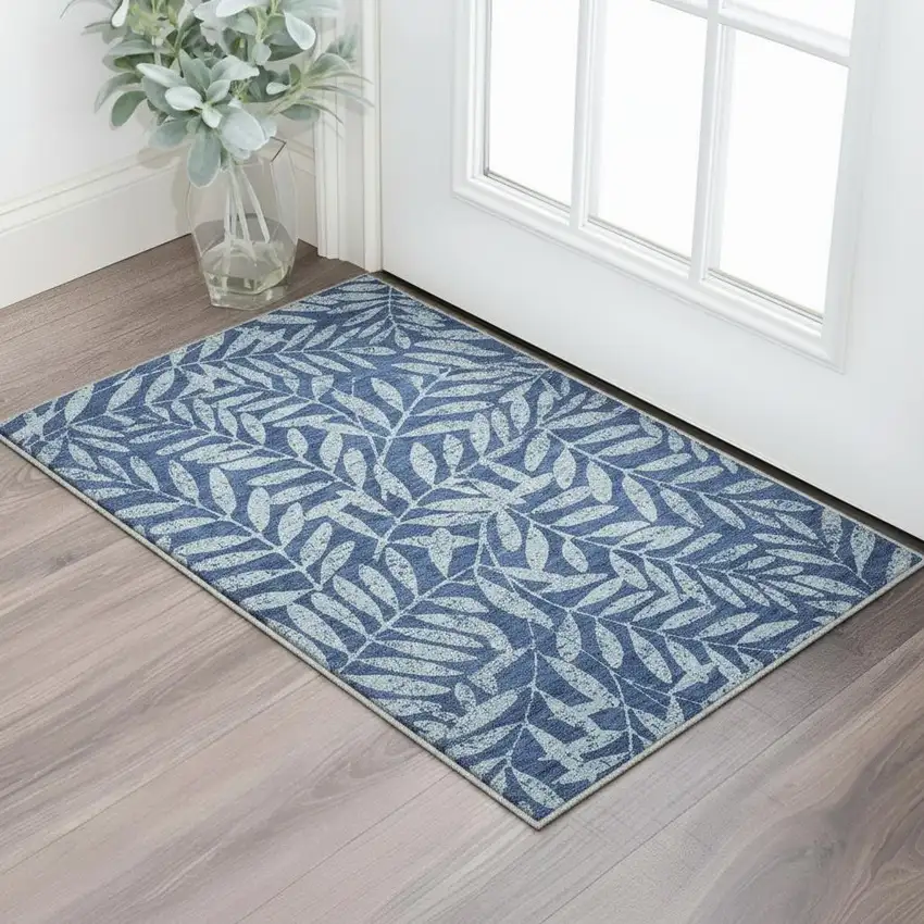 Navy Blue And Sky Blue Floral Washable Area Rug With UV Protection Photo 2