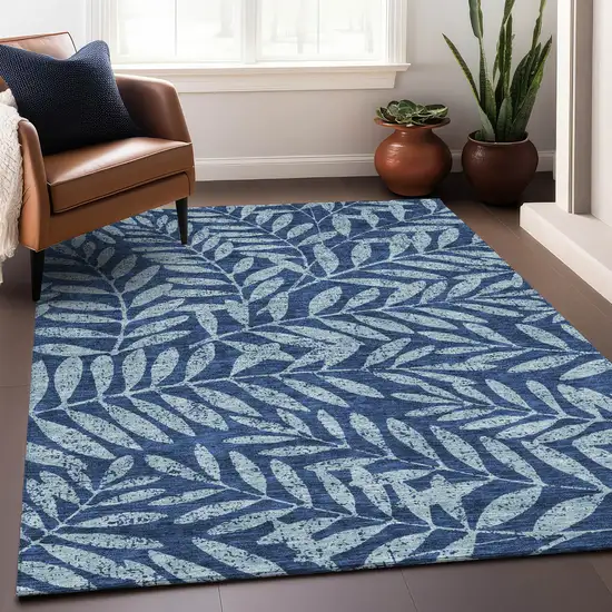 Navy Blue And Sky Blue Floral Washable Area Rug With UV Protection Photo 5