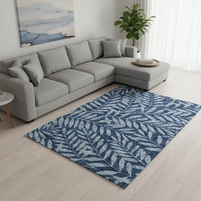 Navy Blue And Sky Blue Floral Washable Area Rug With UV Protection Photo 2